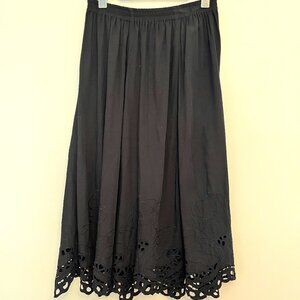 Yaya Boho Embroidered Black Midi Skirt with Cutwork Hem, Size Large